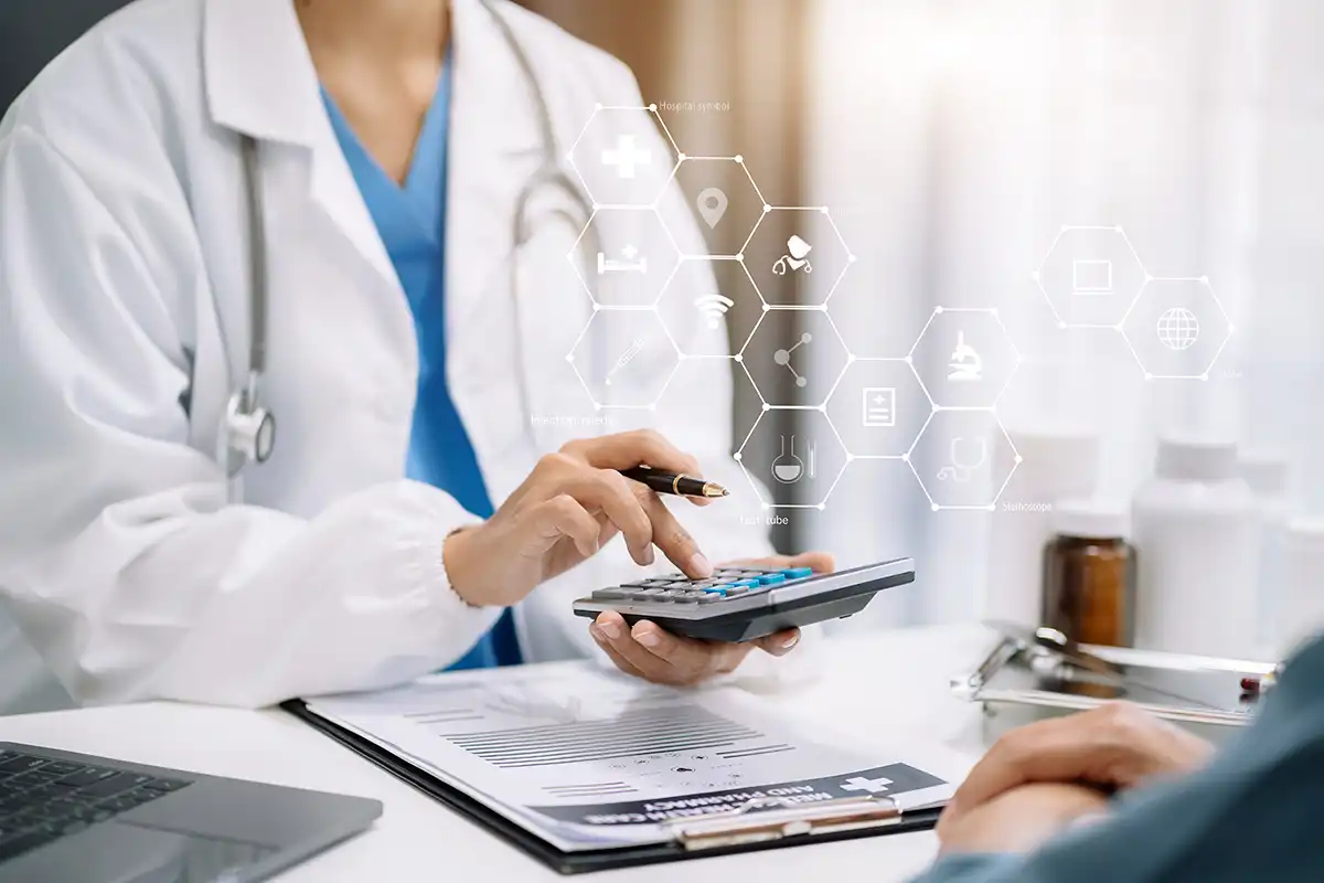 Doctors use a service fee calculator to save money on health insurance, drug cost concepts.